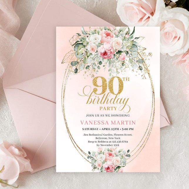 Invitación de cumpleaños 90 Minimal Blush Rose Gol (Minimal Blush Rose Gold 90th Birthday Party Invitation)