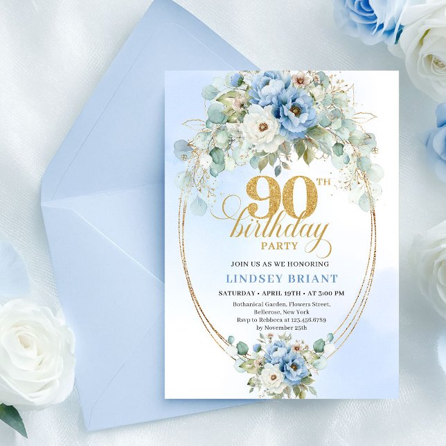 Invitación de cumpleaños 90 Modernas Peonías Azule (Modern Blue Peonies Greenery 90th Birthday Invite

)