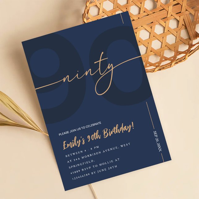 Invitación de cumpleaños 90 moderno azul marino y  (Subido por el creador)