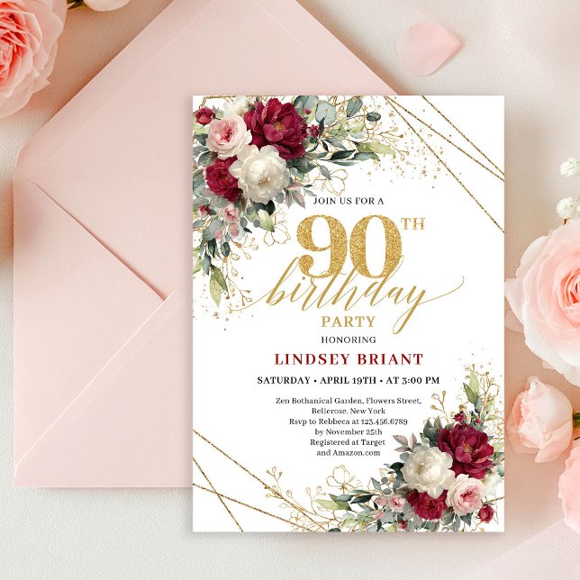 Invitación de cumpleaños 90 Moderno Marsala Gold F (Modern Marsala Gold Floral 90th Birthday Invitation

)