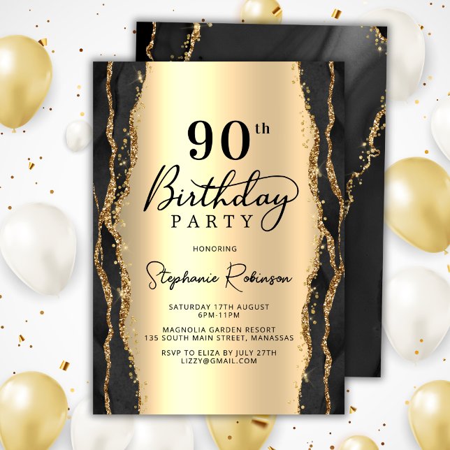 Invitación de cumpleaños 90 moderno negro y ágata  (Subido por el creador)