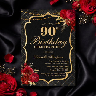 Invitación de cumpleaños 90 negro, rojo y dorado