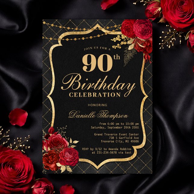 Invitación de cumpleaños 90 negro, rojo y dorado (Black, Red & Gold 90th Birthday Invitation with Roses)