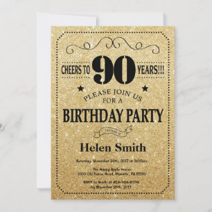 Invitación de cumpleaños 90 negro y brillo dorado