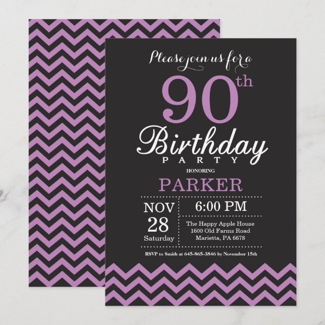 Invitación de cumpleaños 90 negro y púrpura (Anverso / Reverso)