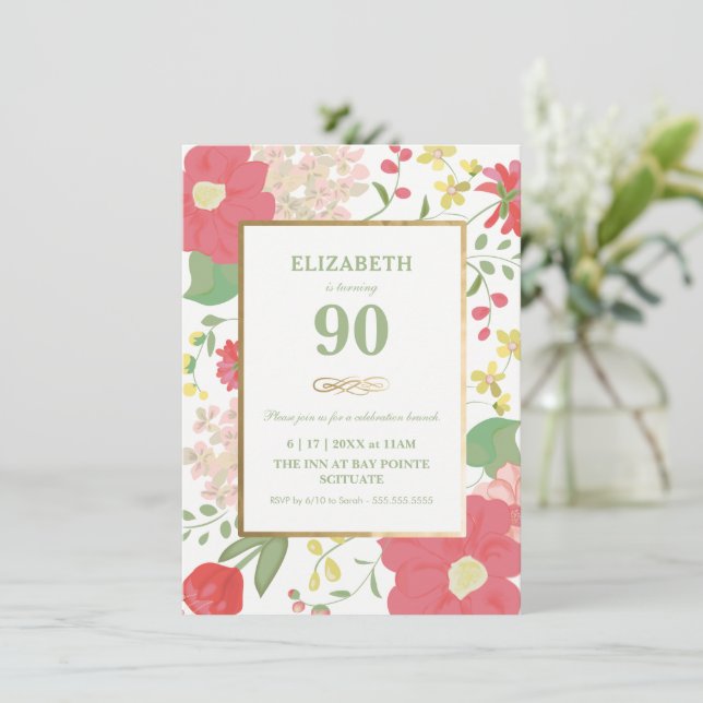 Invitación de cumpleaños 90 - Oro, floral elegante (Anverso de pie)