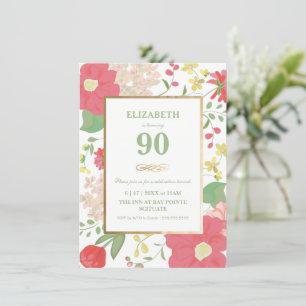 Invitación de cumpleaños 90 - Oro, floral elegante