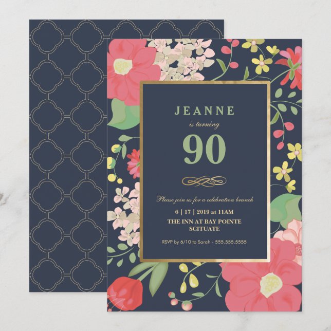 Invitación de cumpleaños 90 - Oro, floral elegante (Anverso / Reverso)