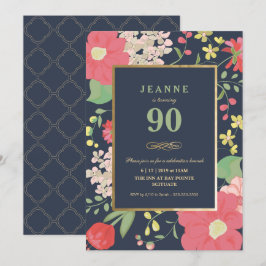 Invitación de cumpleaños 90 - Oro, floral elegante