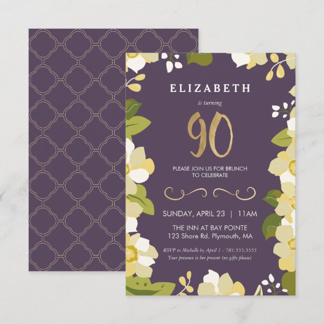 Invitación de cumpleaños 90, Personalizar Floral c (Anverso / Reverso)