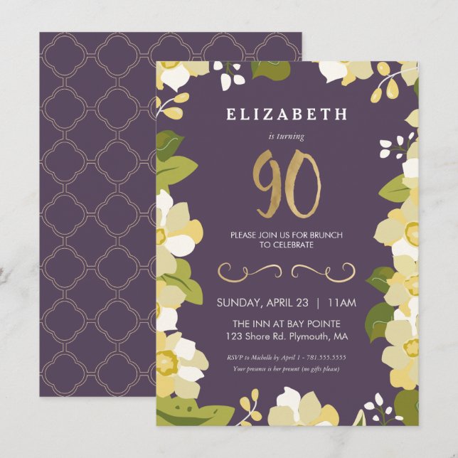 Invitación de cumpleaños 90, Personalizar Floral c (Anverso / Reverso)