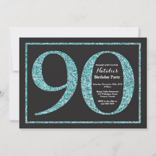 Invitación de cumpleaños 90 Purpurina Verde azulad
