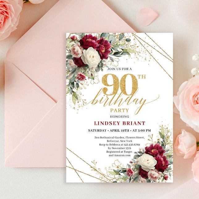 Invitación de cumpleaños 90 Refined Red and White  (Refined Red and White Roses 90th Birthday Invitation)