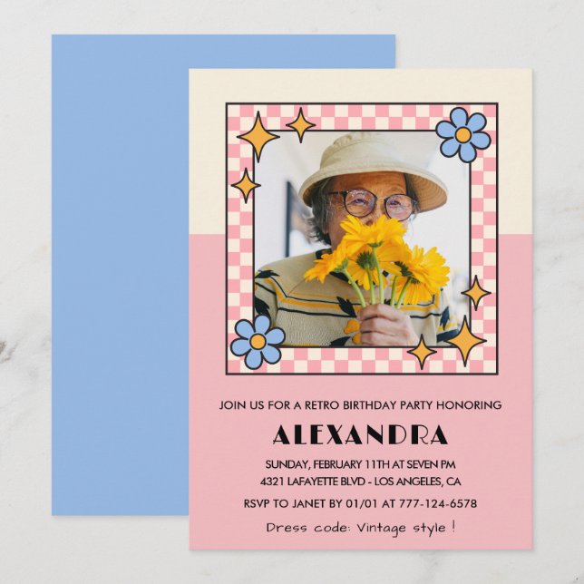invitación de cumpleaños 90 Retro Groovy Flores Ro (Anverso / Reverso)