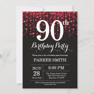Invitación de cumpleaños 90 Rojo con Brillo