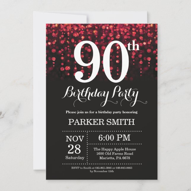 Invitación de cumpleaños 90 Rojo con Brillo (Anverso)
