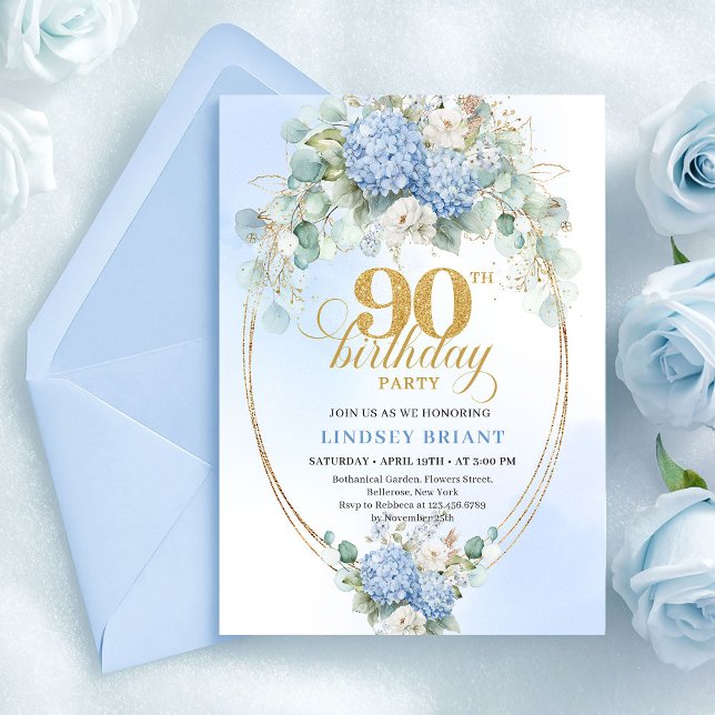 Invitación de cumpleaños 90 Romántica de Hortensia (Romantic Soft Blue Hydrangea 90th Birthday Invite)