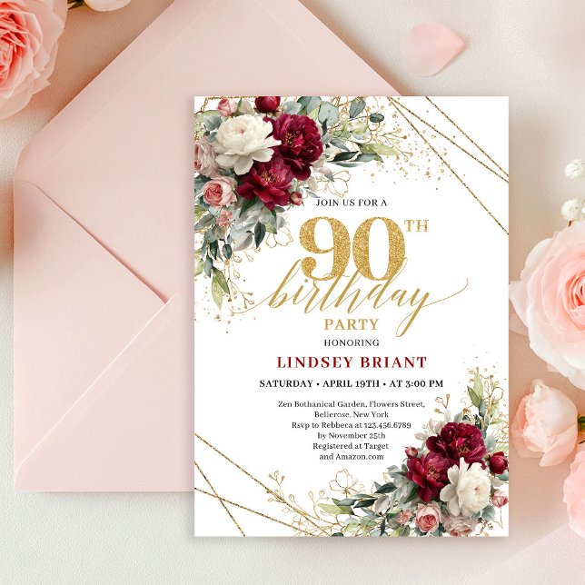 Invitación de cumpleaños 90 Romántica Floral Oro R (Romantic Deep Red Gold Floral 90th Birthday Invite Card

)