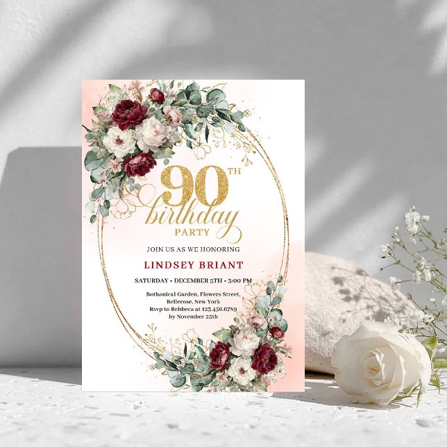 Invitación de cumpleaños 90 Romántica Floral Rojo  (Romantic Deep Red Floral Gold 90th Birthday Invitation)