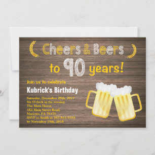 Invitación de cumpleaños 90 Rustic Cheers and Beer