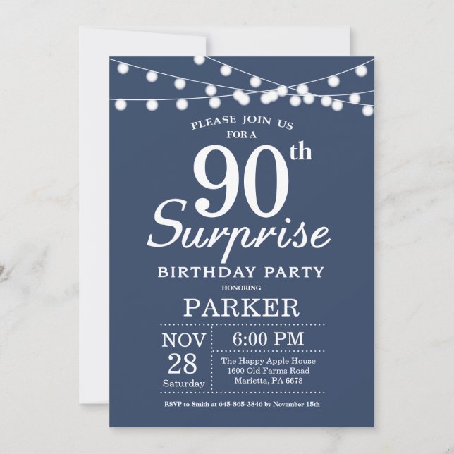 Invitación de cumpleaños 90 sorpresa azul (Anverso)