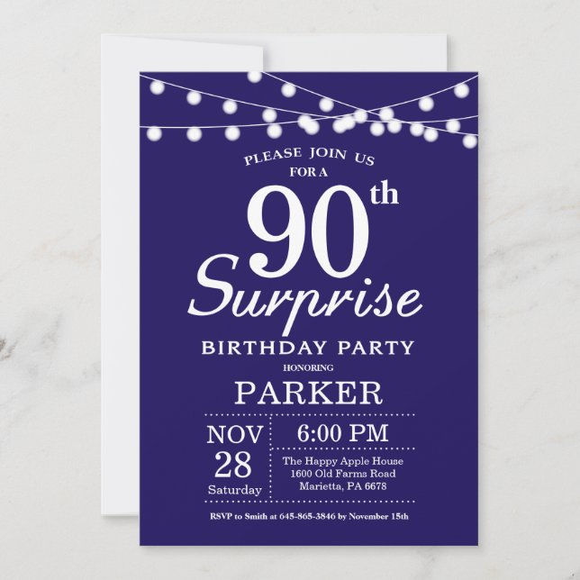 Invitación de cumpleaños 90 sorpresa azul marino (Anverso)