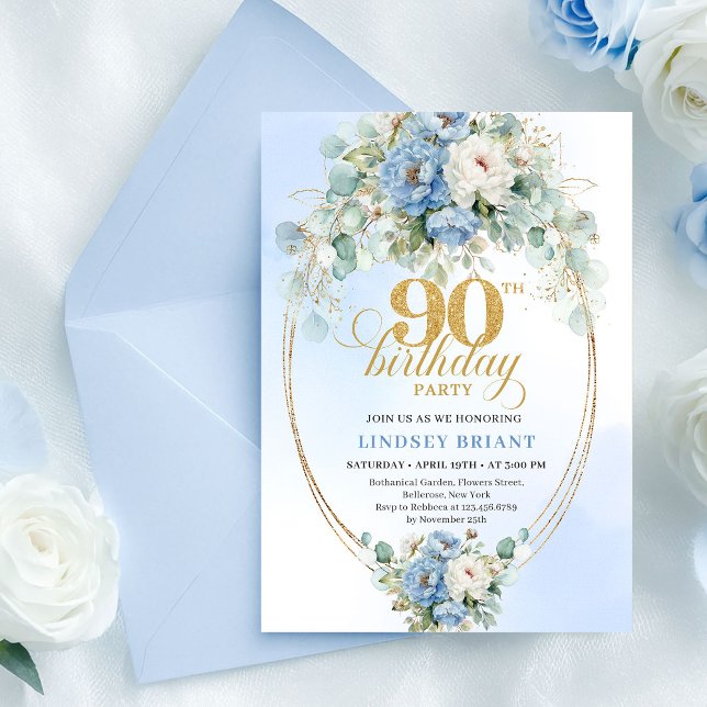 Invitación de cumpleaños 90 Stylish Blue Peony Gol (Stylish Blue Peony Gold Frame 90th Birthday Invite

)