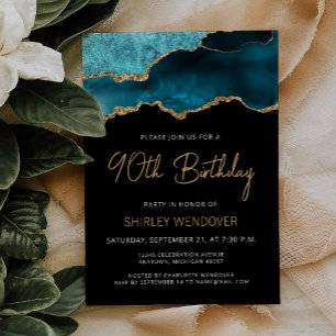 Invitación de cumpleaños 90 Teal Blue Gold Agate