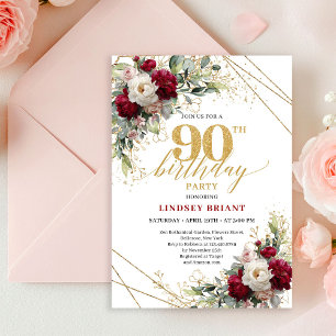 Invitación de cumpleaños 90 Timeless Merlot Floral