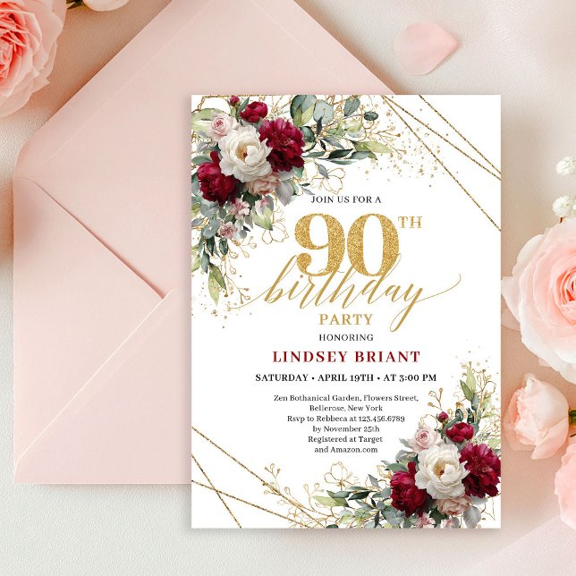 Invitación de cumpleaños 90 Timeless Merlot Floral (Timeless Merlot Floral Gold 90th Birthday Invitation)