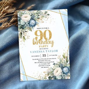 Invitación de cumpleaños 90 Watercolor Blue Gold L