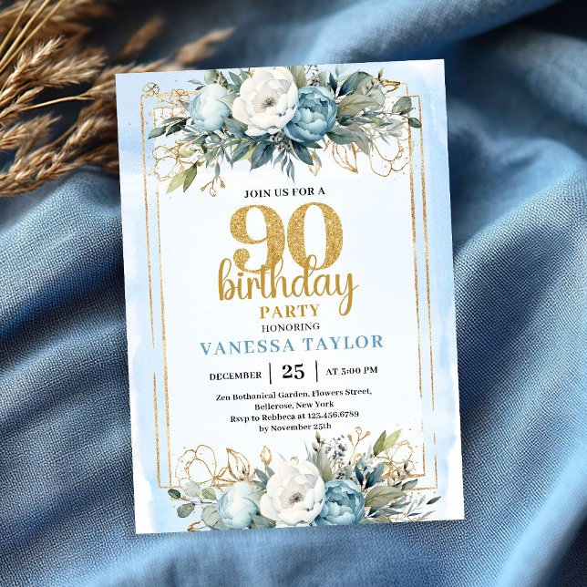 Invitación de cumpleaños 90 Watercolor Dusty Blue  (Watercolor Dusty Blue 90th Birthday Party Invite Glitter

)