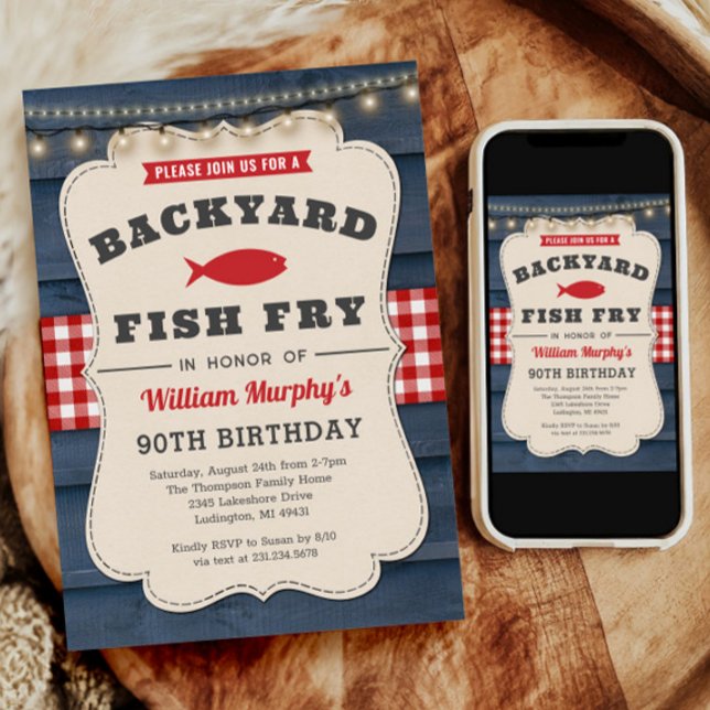 Invitación de cumpleaños 90th Fish Fry (Backyard Fish Fry 90th Birthday Invitation)