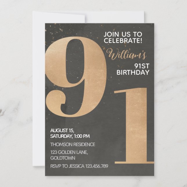 Invitación de cumpleaños 91 de Gold Black (Anverso)