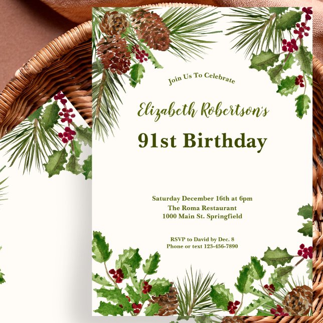 Invitación de cumpleaños 91 elegante con vegetació (Subido por el creador)