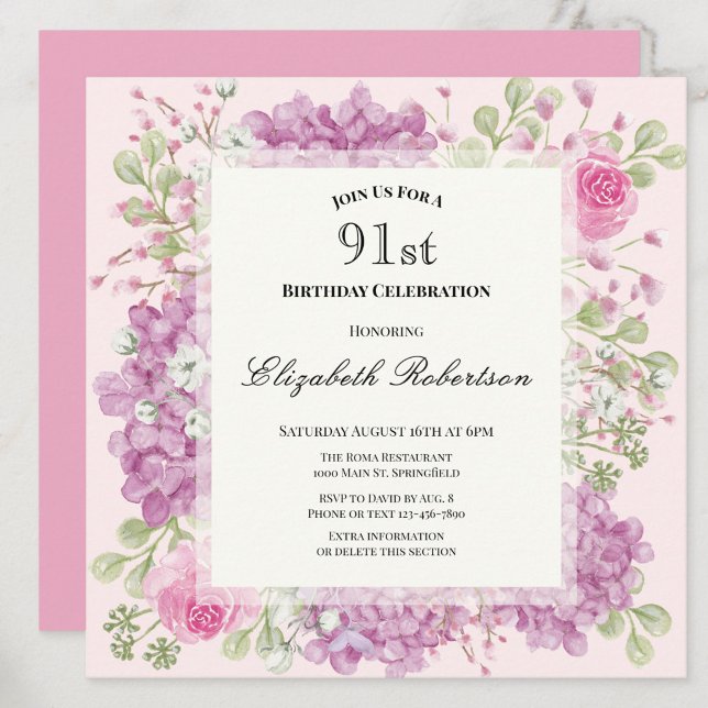 Invitación de cumpleaños 91 elegante flores rosada (Subido por el creador)