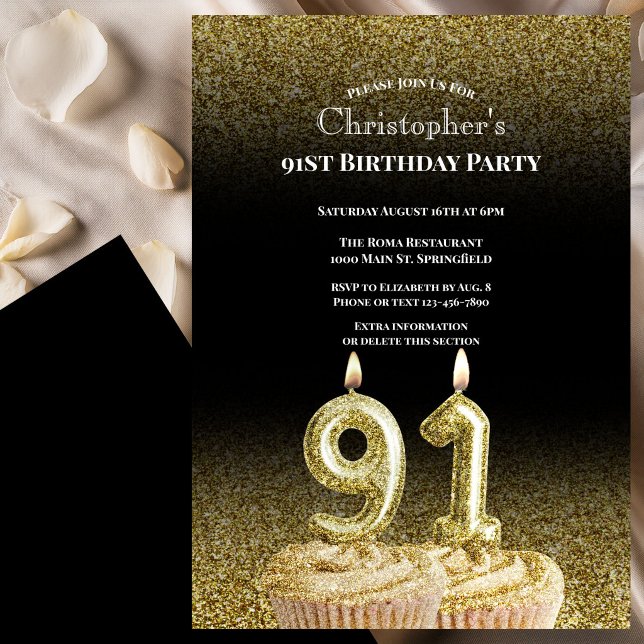 Invitación de cumpleaños 91 para él en negro y dor (Subido por el creador)