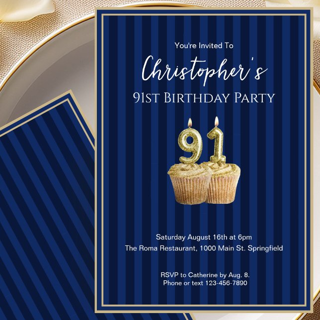 Invitación de cumpleaños 91 única azul dorado para (Subido por el creador)