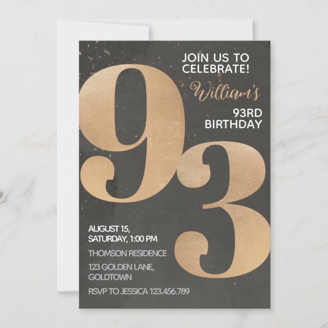 Invitación de cumpleaños 93 de Gold Black (Anverso)