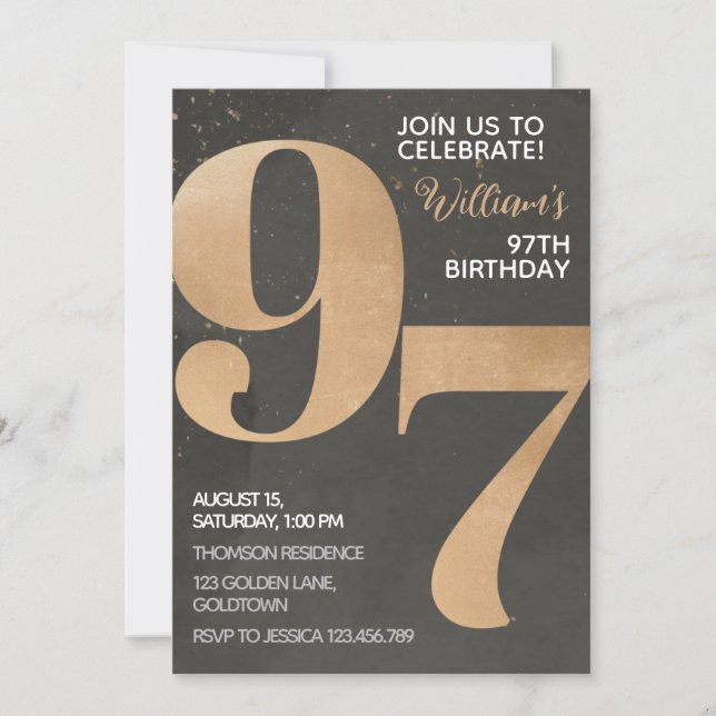 Invitación de cumpleaños 97 de Gold Black (Anverso)