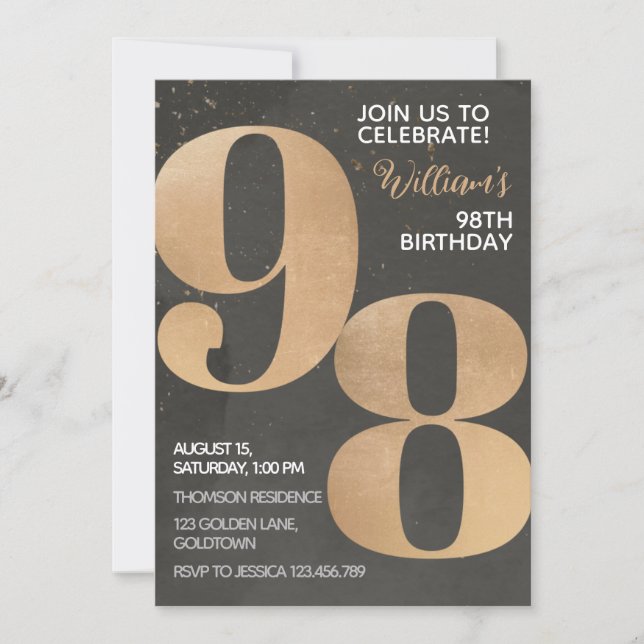 Invitación de cumpleaños 98 de Gold Black (Anverso)