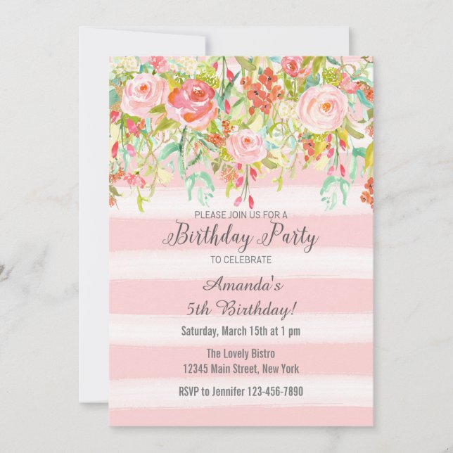 Invitación de cumpleaños a acuarela floral rosa (Anverso)