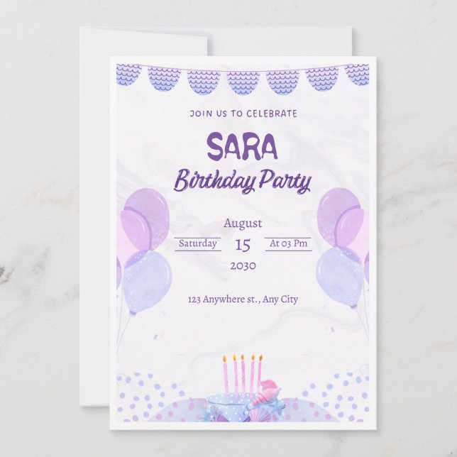 Invitación de cumpleaños a acuarela morada y rosa (Anverso)