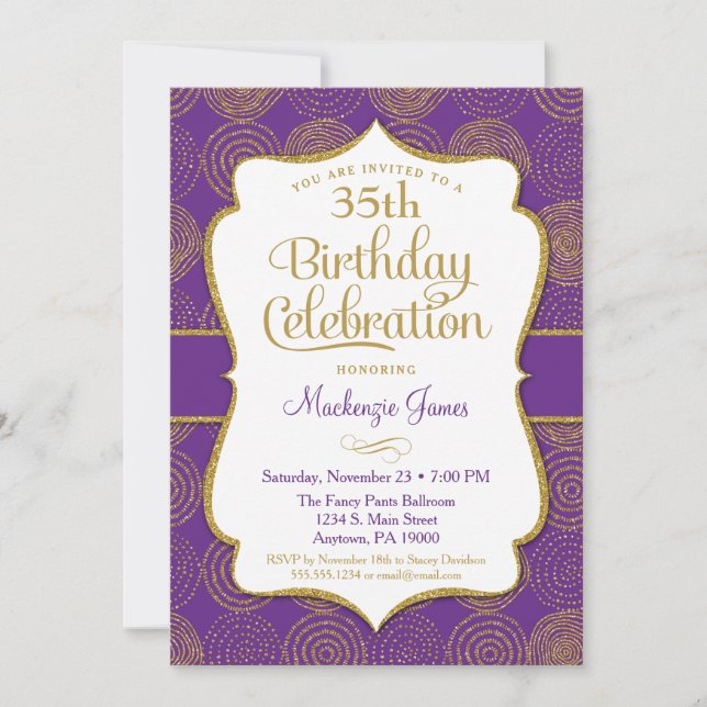 Invitación de cumpleaños a adultos con oro morado  (Anverso)