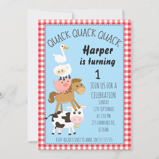 Invitación de cumpleaños a animales de corral (Anverso)