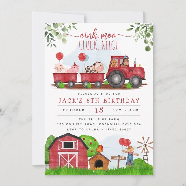 Invitación de cumpleaños a animales de corral de l (Anverso)