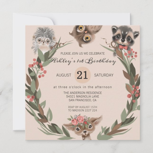 Invitación de cumpleaños a animales forestales (Anverso)