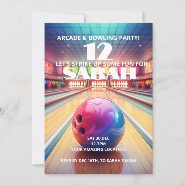 Invitación de cumpleaños a Arcade Bowling (Anverso)