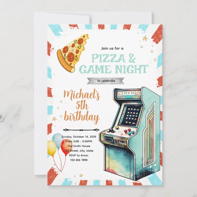 Invitación de cumpleaños a arcade y pizza (Anverso)