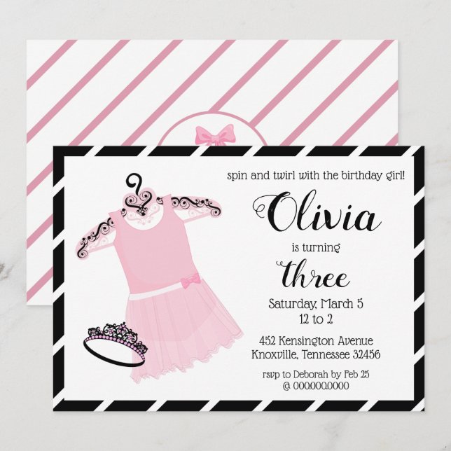 Invitación de cumpleaños a Ballerina Negra y Rosa (Anverso / Reverso)
